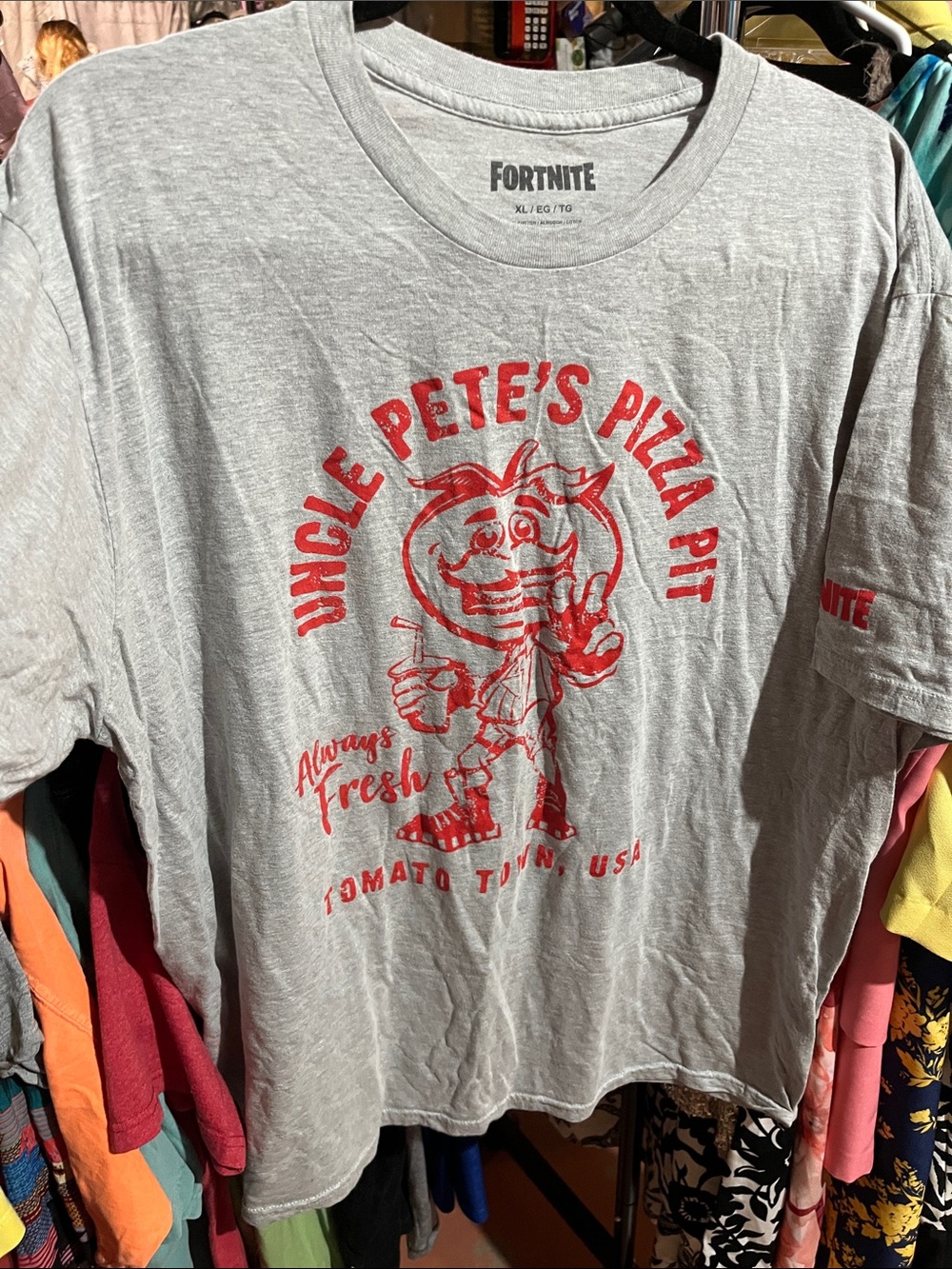 Fortnite Gray Short Sleeve Tee with Red Pizza Graphic